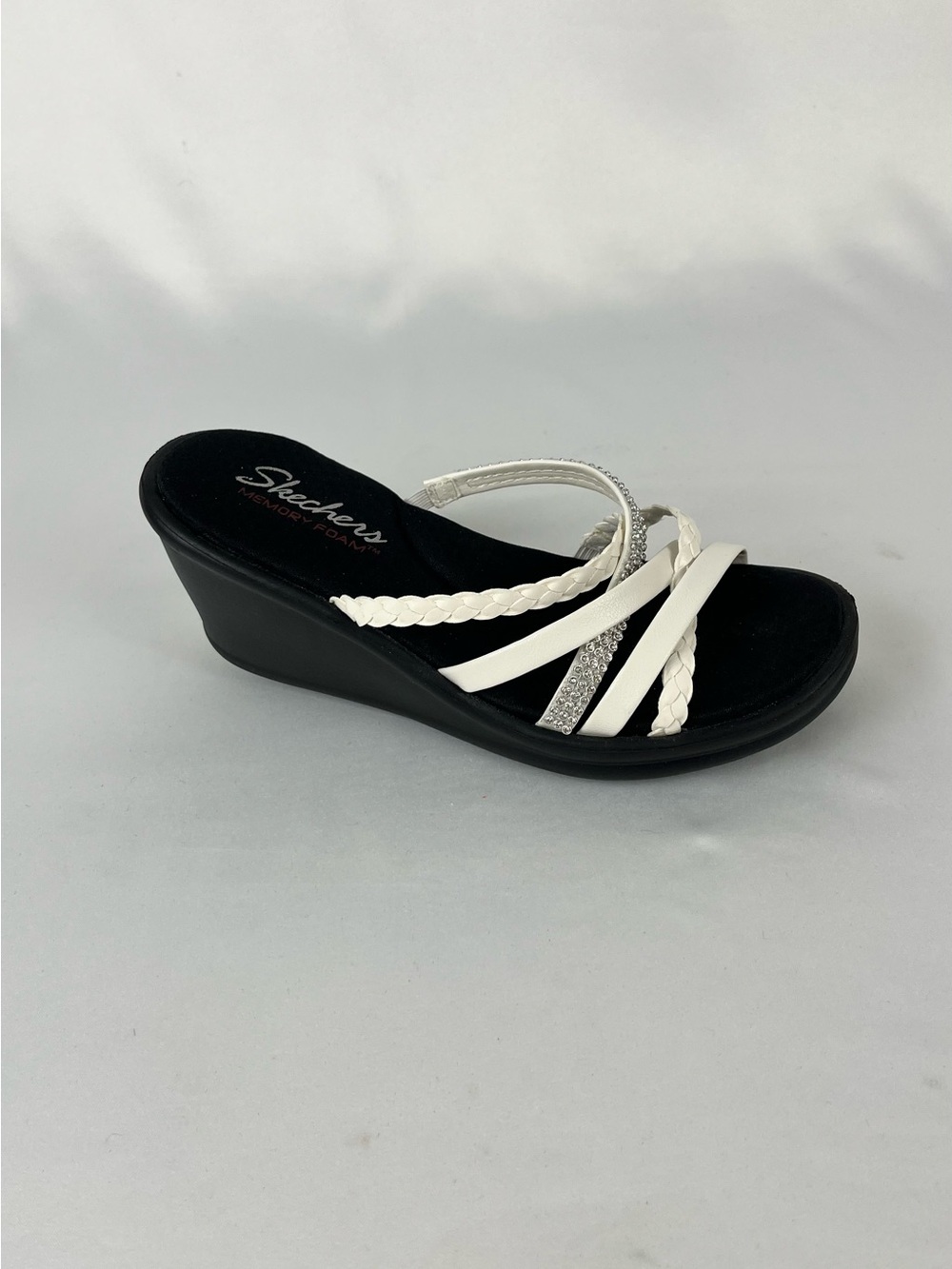 Skechers Rumble On - Sassy Dayz Memory Foam Wedge Sandals White Rhinestone Sz 8